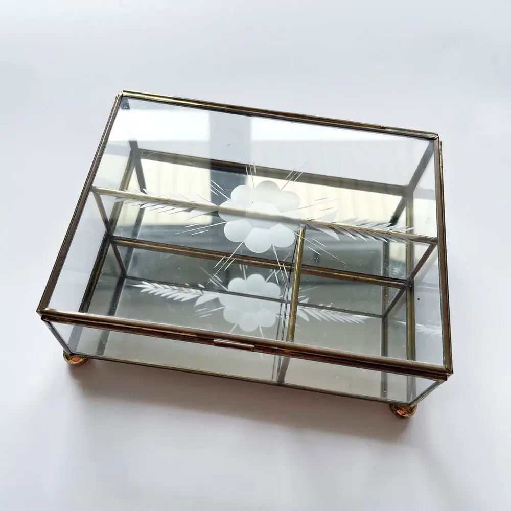 Vintage Brass Etched Glass Mirrored Footed Jewelry or Trinket Box Hinged Lid